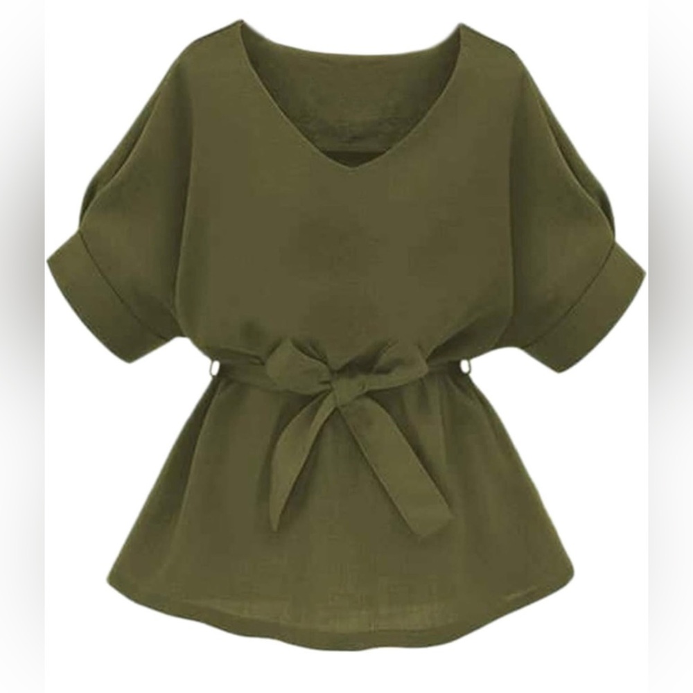 Milumia Casual V Neckline Self Tie Short Sleeve Blouse